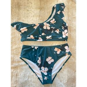 NWT - Women's Blue / Pink Floral High Waisted One Shoulder Bikini Swimsuit - L
